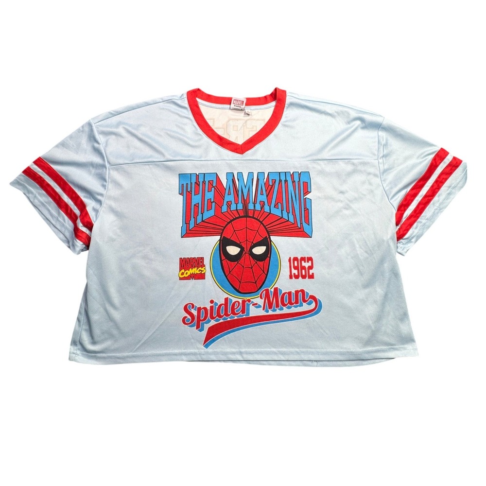Marvel Spider-Man Jersey Womens XL Blue Red Mesh Crop Top Graphic Tee
